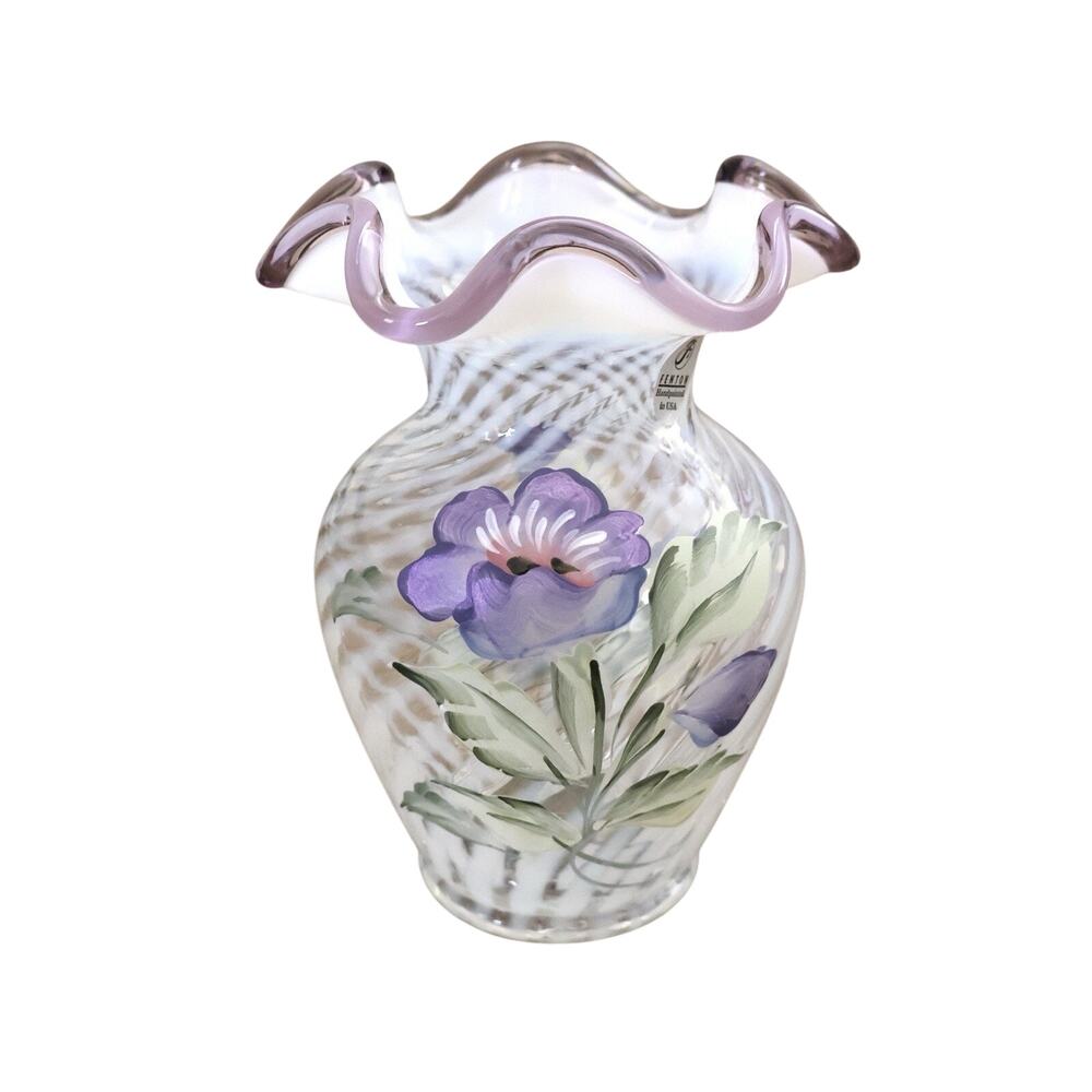 Vintage Hand Painted Fenton Lavender Petals Glass Vase Heirloom Spiral Optics